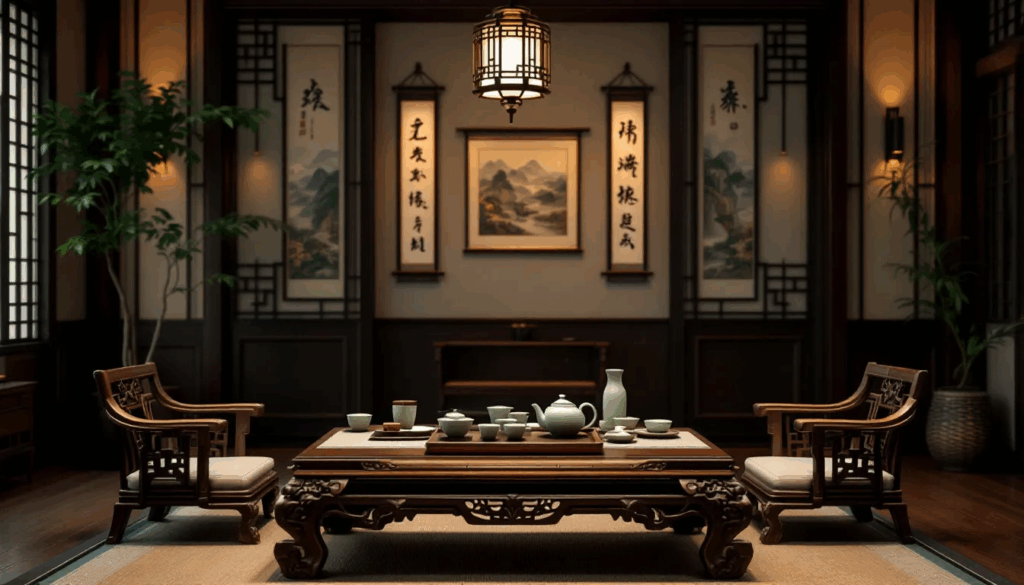 The image depicts an elegant interior of a traditional Chinese tea room, featuring authentic Ming Dynasty furniture and various ceremonial implements used for drinking green tea. The ambiance reflects a serene atmosphere, ideal for enjoying the health benefits associated with green tea consumption.