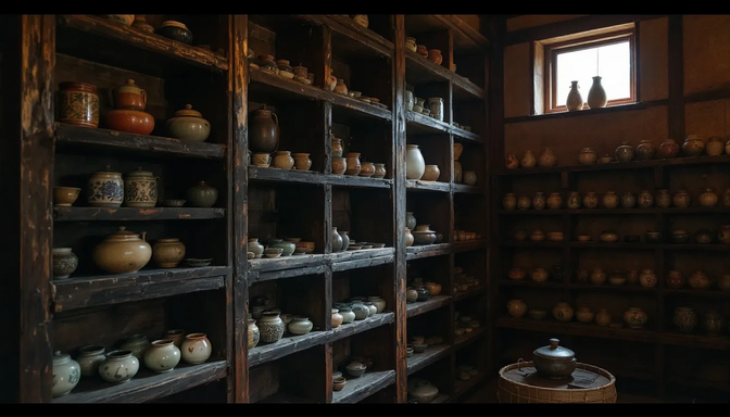 The image depicts a traditional tea storage room featuring wooden shelves filled with various ceramic containers, likely holding different types of tea leaves, including green and black tea. This serene space emphasizes the importance of proper tea storage for maintaining the health benefits and flavors of the tea, including popular varieties like Chinese and Japanese green tea.