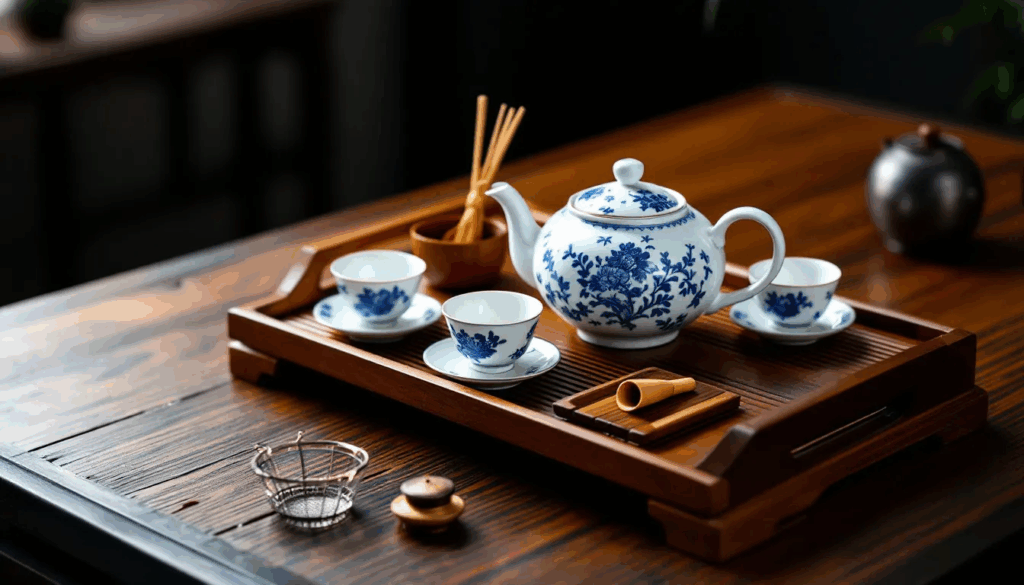 The image depicts a traditional Chinese tea service setup featuring elegant teaware, including a teapot and tea cups, arranged on a wooden table. This setup is perfect for enjoying pu erh tea, showcasing the beauty of loose leaf teas and the art of tea drinking in a serene environment.