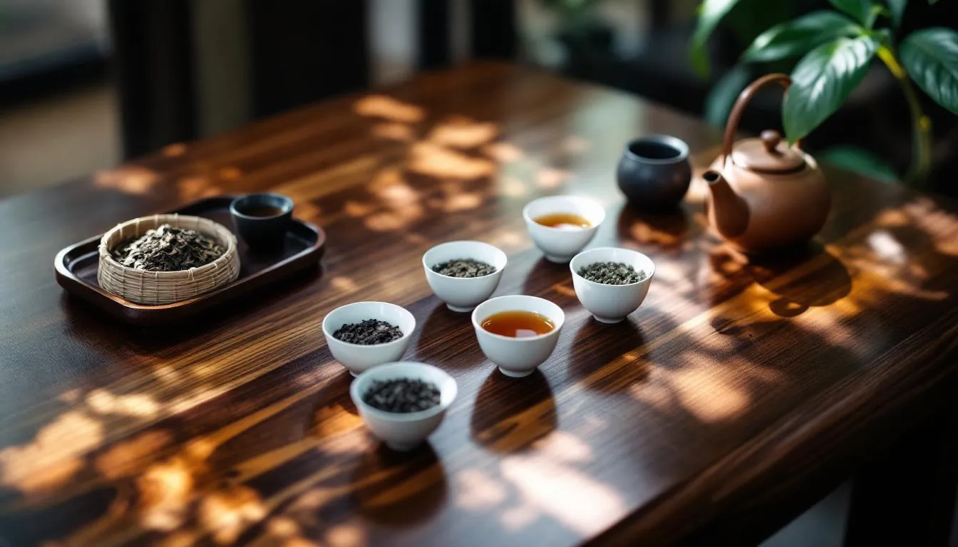 A handcrafted Chinese teacup filled with warm tea, resting on a wooden table in a serene tearoom setting.