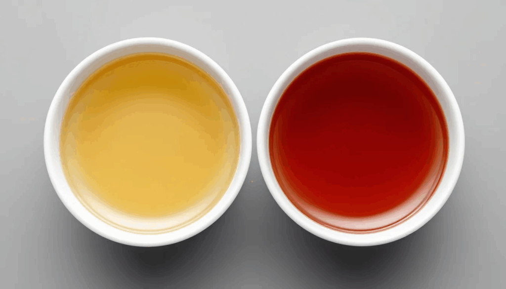 The image shows a side-by-side comparison of raw pu erh tea and ripe pu erh tea liquor, highlighting their distinct color differences; the raw pu erh appears lighter and more vibrant, while the ripe pu erh has a darker, richer hue. This visual representation emphasizes the unique characteristics of these two types of pu erh tea, showcasing their appeal to tea drinkers.