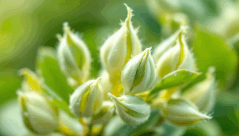 A close-up view of delicate white tea buds, covered in fine white hairs, on a camellia sinensis plant, showcasing the young leaves that are essential for producing high-quality white teas. The image highlights the freshness and minimal processing that contribute to the delicate flavor and many health benefits of this tea variety.