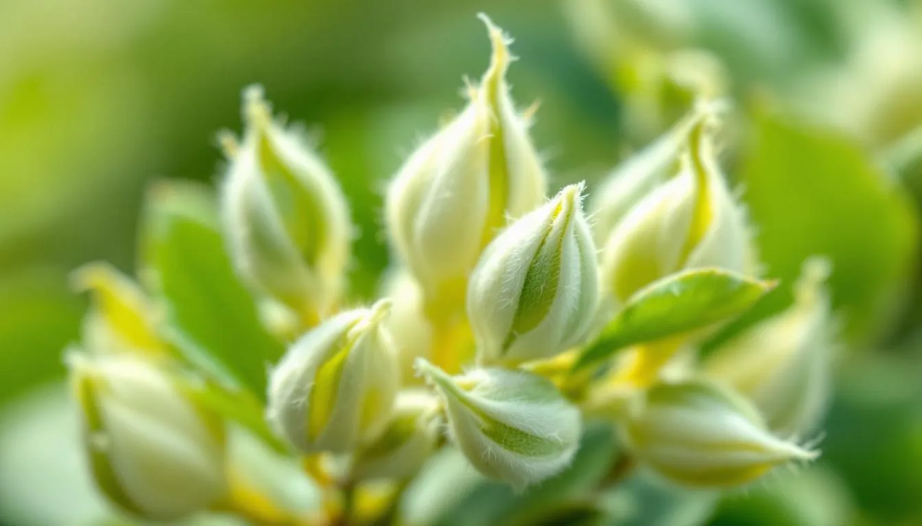 A close-up view of delicate white tea buds, covered in fine white hairs, on a camellia sinensis plant, showcasing the young leaves that are essential for producing high-quality white teas. The image highlights the freshness and minimal processing that contribute to the delicate flavor and many health benefits of this tea variety.