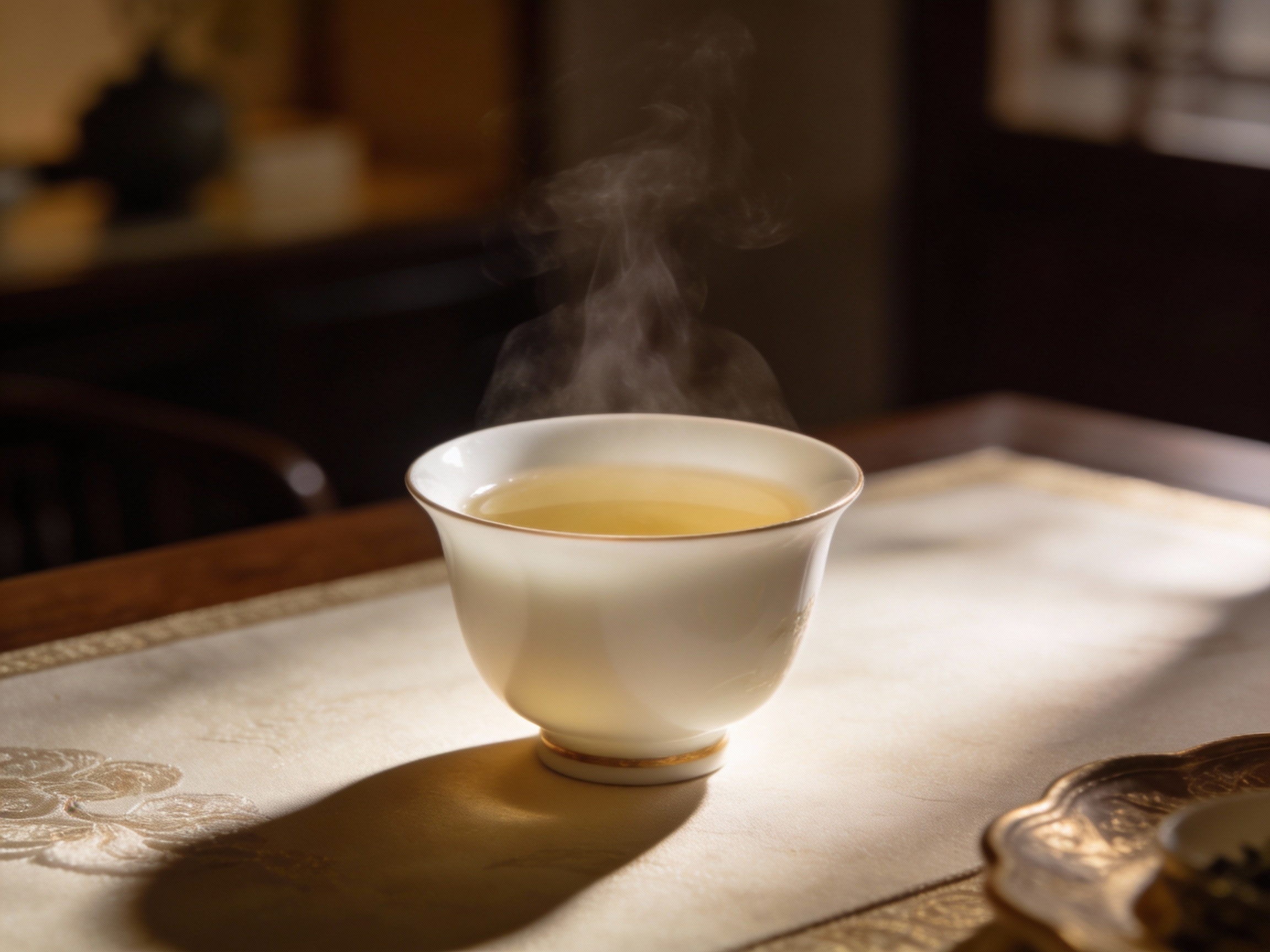 White tea gently brewing inside a porcelain teacup, with delicate leaves slowly unfurling as the warm water releases soft, floral aromas in a calm, minimalist setting.