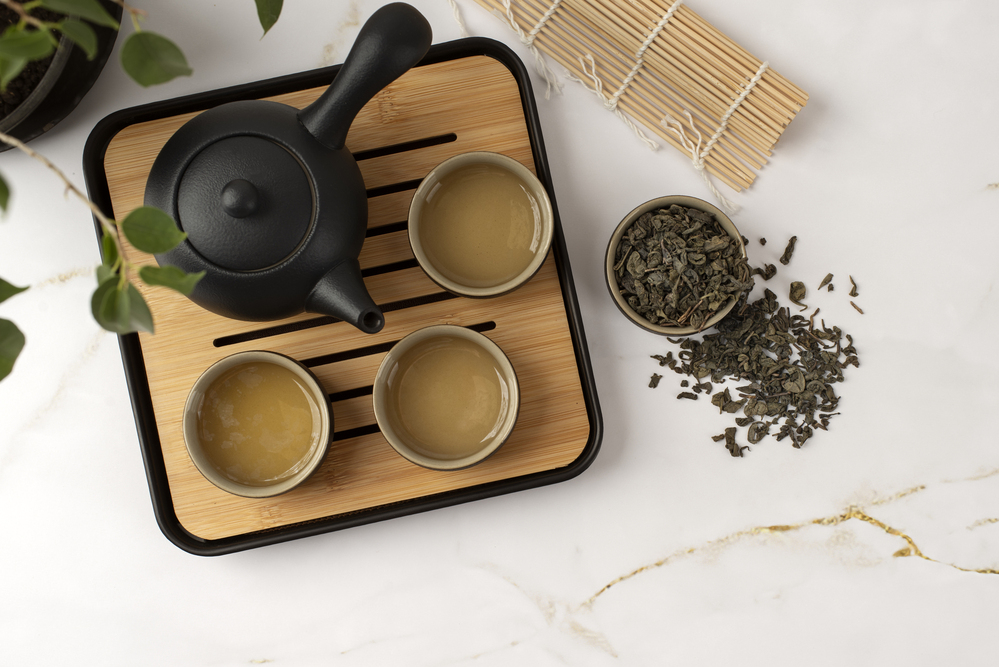 A complete set of traditional Chinese tea ware arranged on a wooden tray, ready for an authentic tea ceremony.