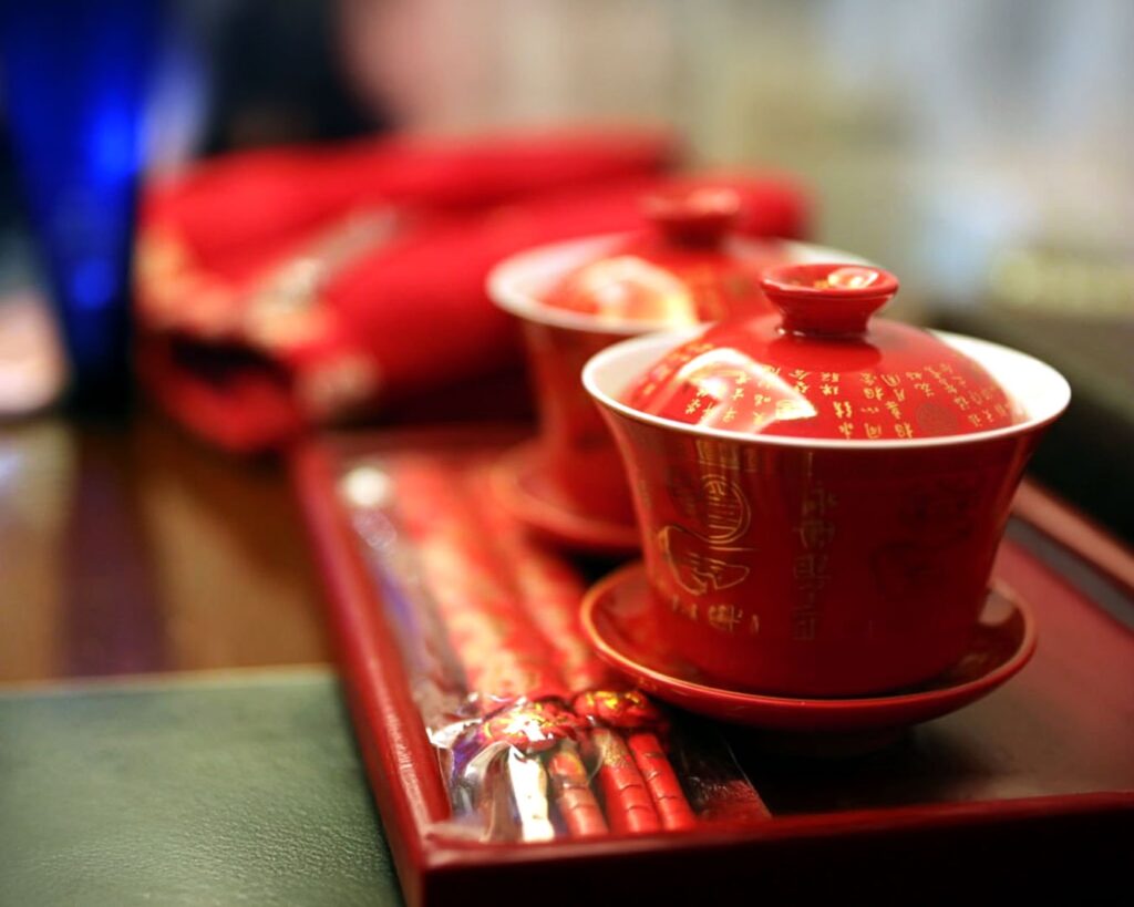 Elegant tea cups arranged for a Chinese tea ceremony, designed to enhance aroma, balance, and ritual harmony.