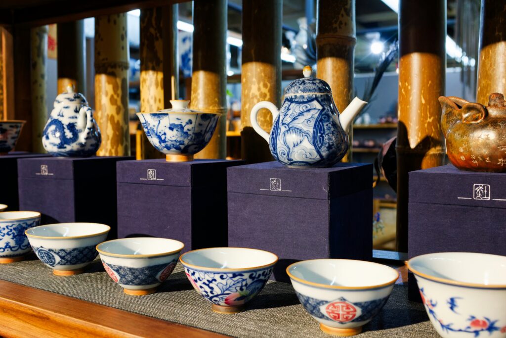 An assortment of porcelain teaware in varied shapes and patterns, showcasing classic, minimalist, and contemporary styles.