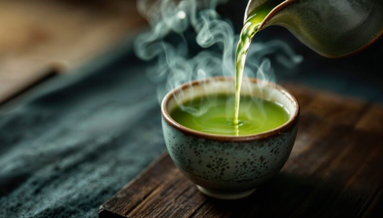 Freshly brewed green tea being poured into a delicate teacup, releasing a soft aroma and a sense of calm.