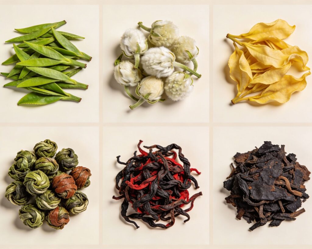 Six types of Chinese tea are displayed side by side, representing green, white, yellow, oolong, red (black), and post-fermented tea. Each tea shows a distinct colour and texture, reflecting its unique processing style.