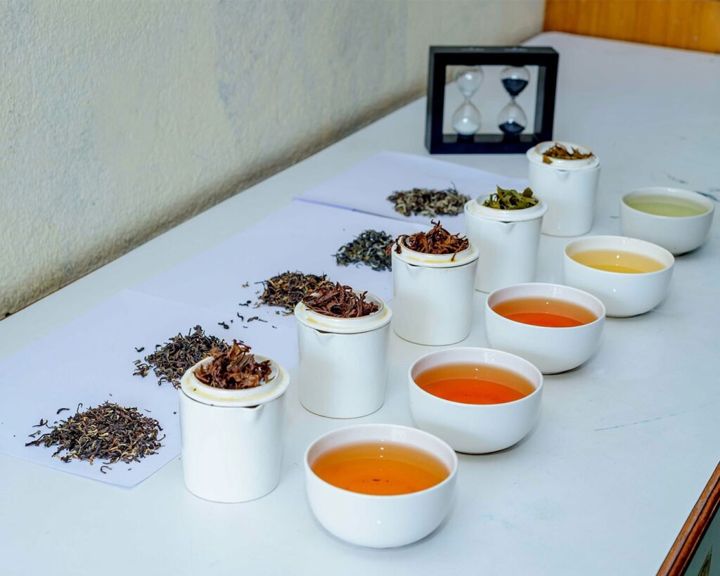 An assortment of different teas arranged neatly, featuring various colours and textures that highlight the diversity of tea types, from herbal blends to traditional loose-leaf teas.