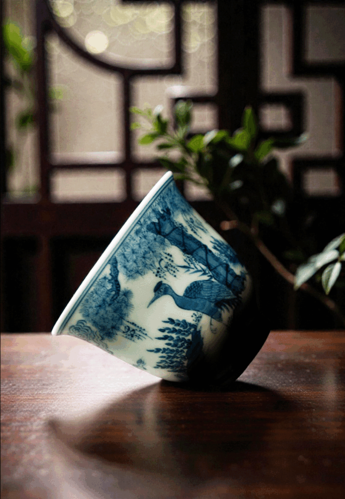 A single Chinese teacup stands on the table under soft natural sunlight, creating a serene atmosphere for tea enjoyment.