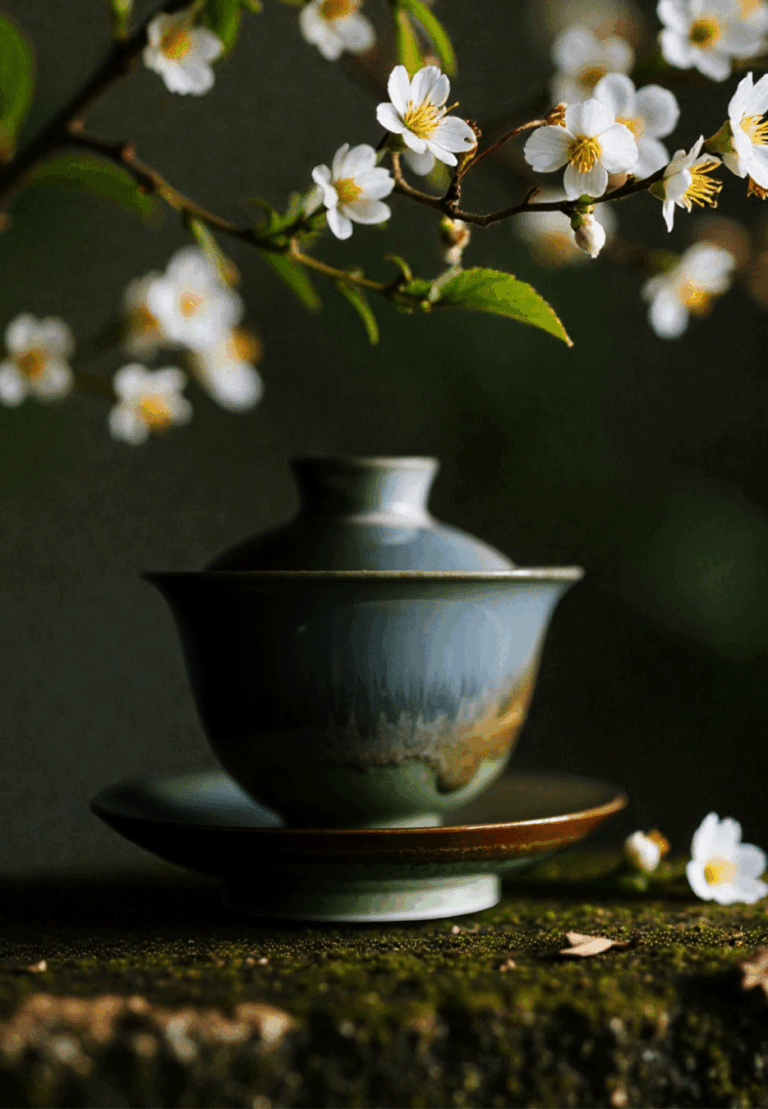 An elegant teacup placed in front of soft floral elements, blending delicate craftsmanship with natural beauty.