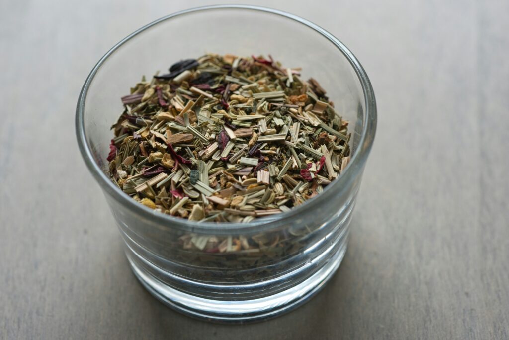 A selection of premium herbal tea leaves made from carefully chosen botanicals, offering a soothing and aromatic infusion.