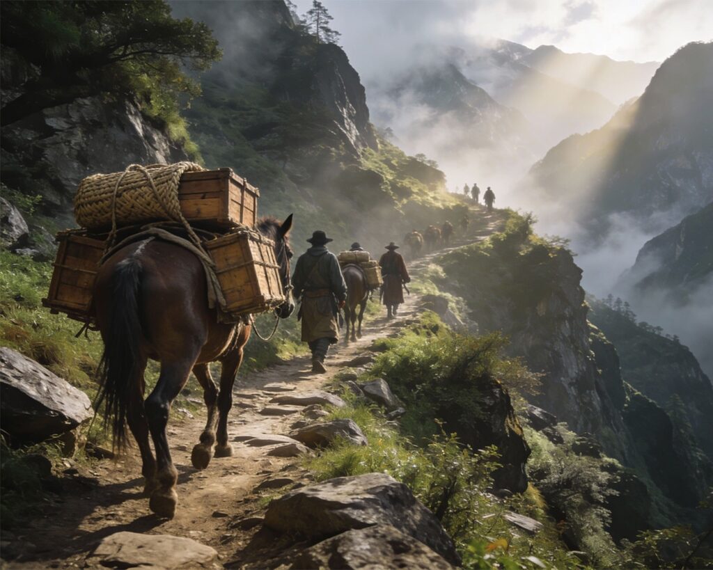 An ancient mountain trade route known as the Tea Horse Road, once used to transport tea across China and Tibet.