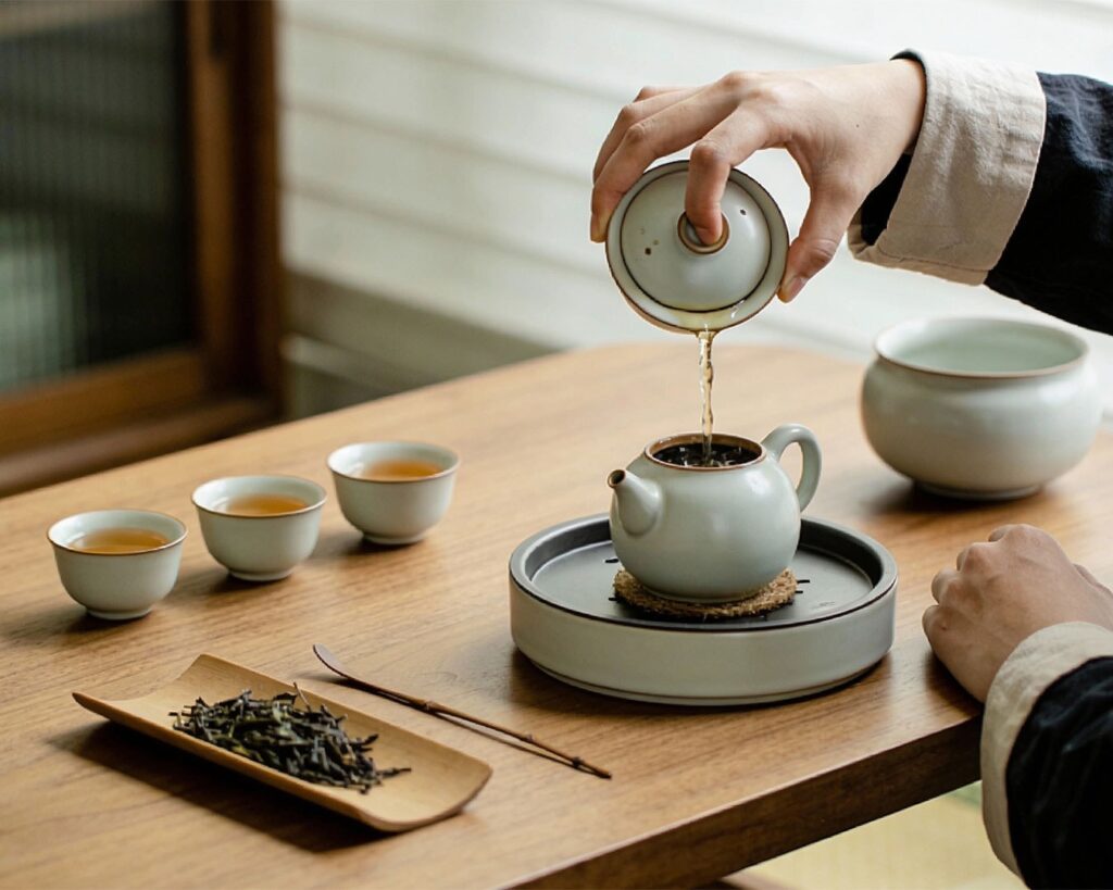 A traditional Gongfu tea ceremony in progress, with small teacups and precise brewing movements focused on ritual and taste.