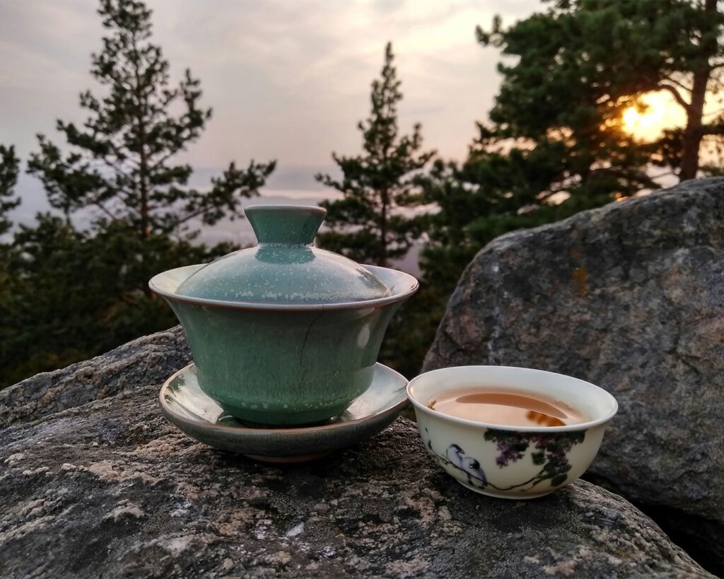 A teacup placed on a rock in the foreground, with rolling hills and open sky in the background, creating a peaceful scene that connects tea drinking with nature and quiet moments.
