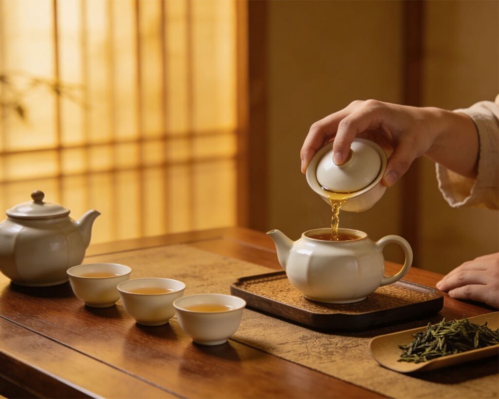 A close-up of a hand gently pouring hot tea into a ceramic teapot, with soft steam rising to show the warmth and freshness of the brew.