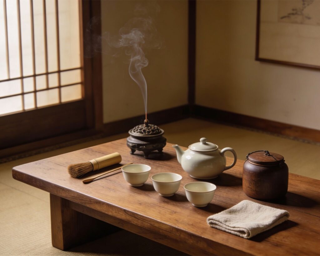 A traditional Chinese tea set arranged neatly on a wooden table, featuring small ceramic teacups and a teapot. Soft lighting and clean surroundings create a calm and welcoming tea-brewing atmosphere.