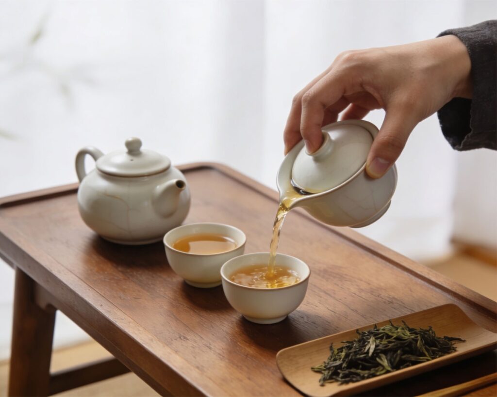 A close-up of a hand slowly pouring hot tea from a teapot into a ceramic teacup, with soft steam rising and warm light highlighting the calm, ritual-like moment.