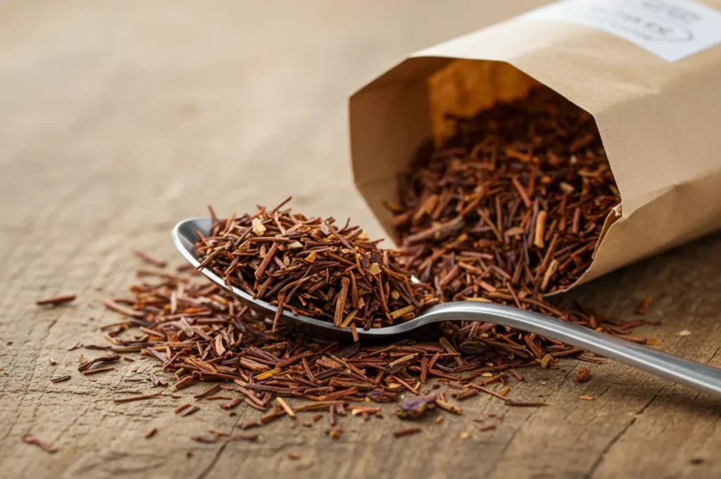 A rustic wooden table holds a spoonful of loose rooibos tea spilling from a brown paper bag, conveying a warm, earthy, and inviting atmosphere.