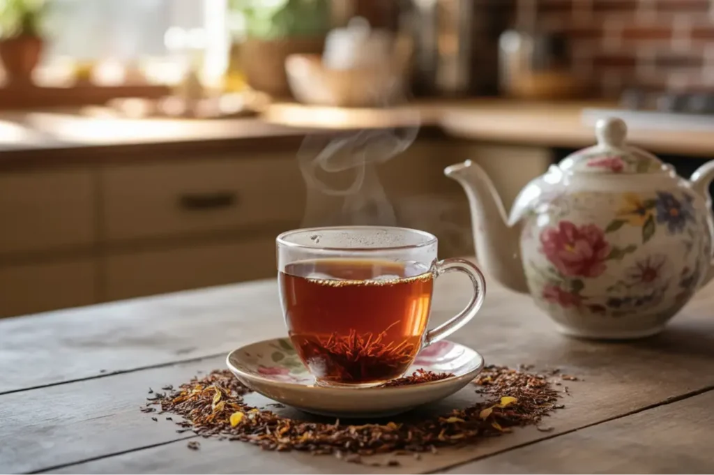 Steaming cup of tea on a saucer surrounded by loose leaf tea on a rustic wooden table. Floral teapot and soft sunlight create a warm, cozy atmosphere.