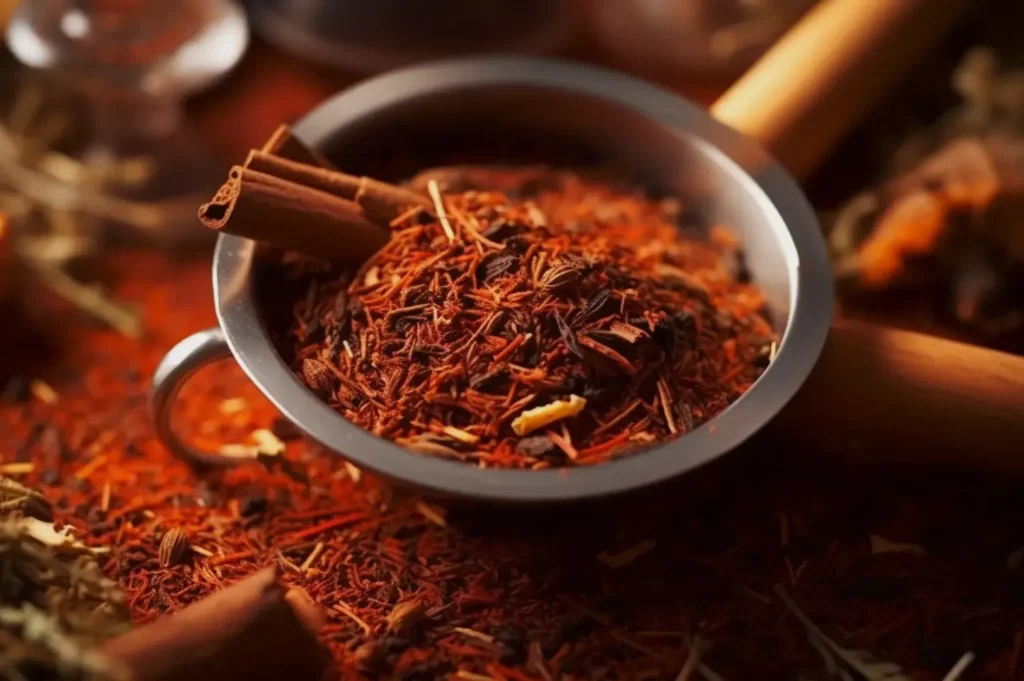 A metal cup filled with vibrant, earthy spices, including cinnamon sticks and saffron strands. The warm tones create a cozy, aromatic feel.