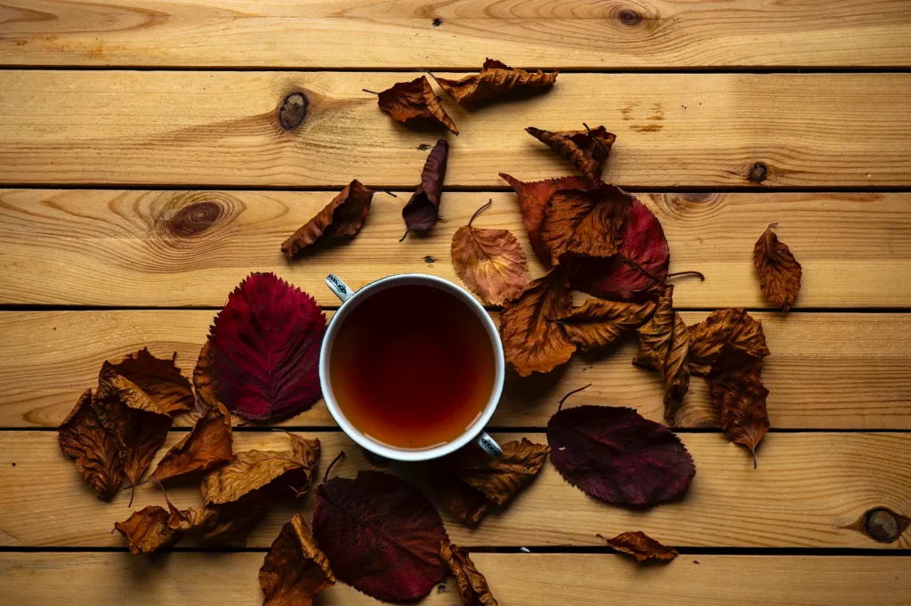 A white cup of tea sits on a wooden table, surrounded by scattered autumn leaves in various shades of brown and burgundy, evoking a cozy, fall ambiance.