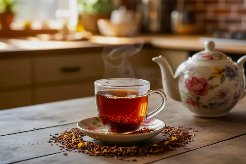 A steaming cup of tea sits on a wooden table, surrounded by loose tea leaves. A floral teapot in the background suggests a warm, cozy setting.