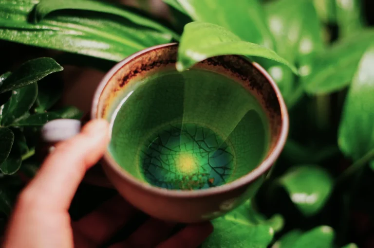 A hand holds a ceramic mug with a cracked glaze, revealing teal and yellow patterns inside. Bright green leaves in the background create a lush, natural setting.
