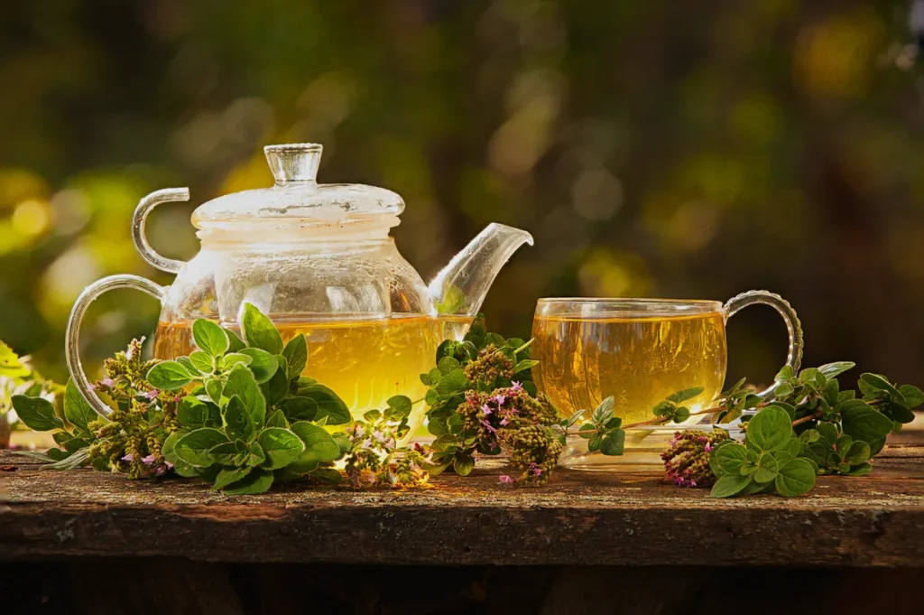 A clear teapot and cup filled with herbal tea sit on a rustic wooden table, surrounded by fresh oregano sprigs, against a blurred, green outdoor background.