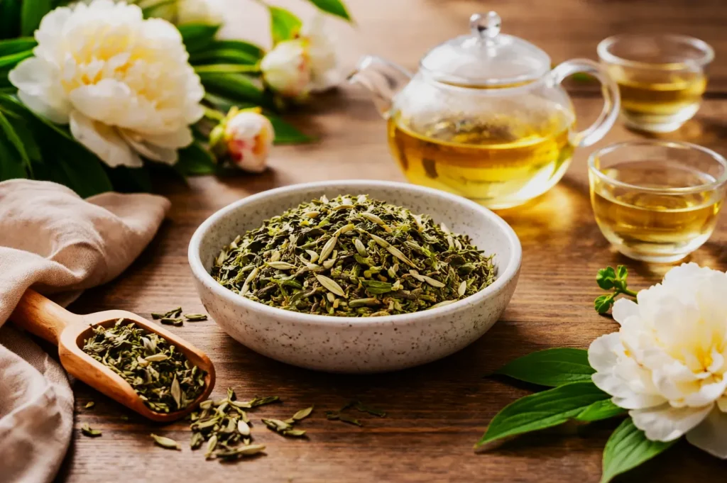 A bowl of loose leaf green tea on a wooden table, accompanied by a small scoop. Nearby, a glass teapot and cups filled with brewed tea. White peonies add elegance.
