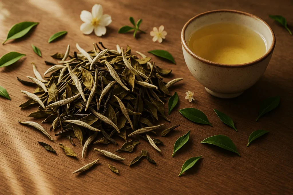 A heap of dried white tea leaves with scattered green leaves and two small white flowers on a wooden surface. Nearby, a cup of brewed tea exudes tranquility.