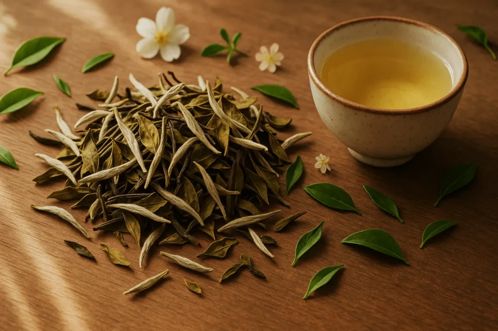 A pile of dried tea leaves with a steaming cup on a wooden surface. Surrounding leaves and flowers add freshness to the serene scene.