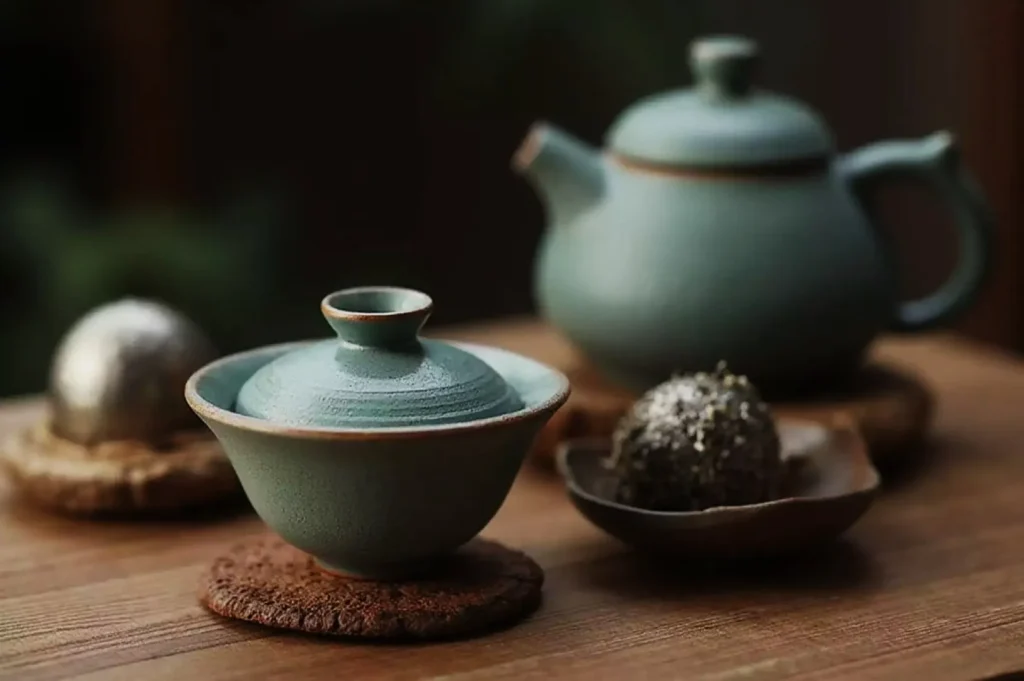 A serene tea setting with a textured, matte-finish green teapot and matching cup on coasters. Silver tea balls add a touch of elegance.
