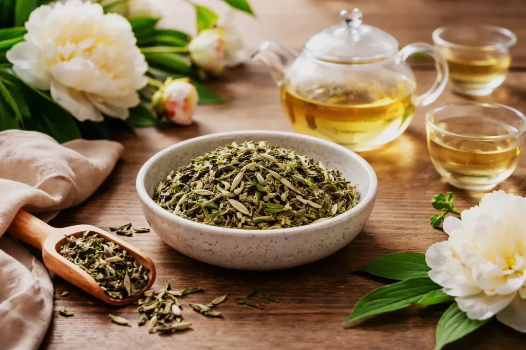 A ceramic bowl filled with loose leaf tea sits on a wooden table beside a wooden scoop, a glass teapot, and cups filled with brewed tea. White peonies accent the scene, adding a fresh, serene feel.