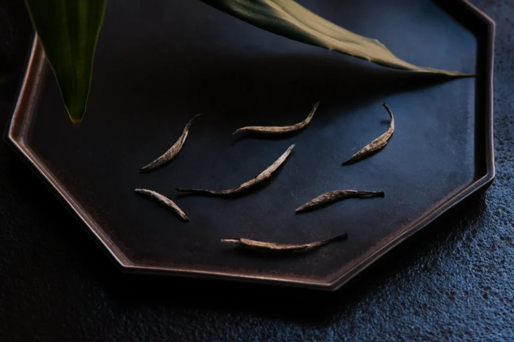Dried tea leaves scattered on an octagonal black tray, with a green leaf partially visible at the top, set against a dark textured surface.
