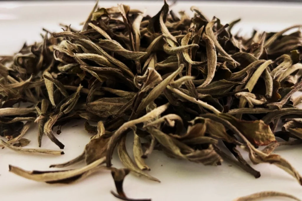 A close-up of dry white tea leaves scattered on a white surface. The leaves are twisted and slightly curled, showcasing their delicate, thin texture.