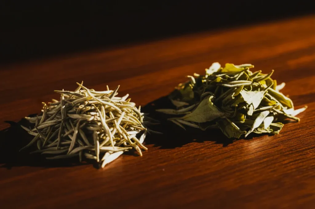 Two small piles of dried herbs sit on a wooden surface. The pile on the left is thin and pale, while the right one is leafy and green, in warm lighting.