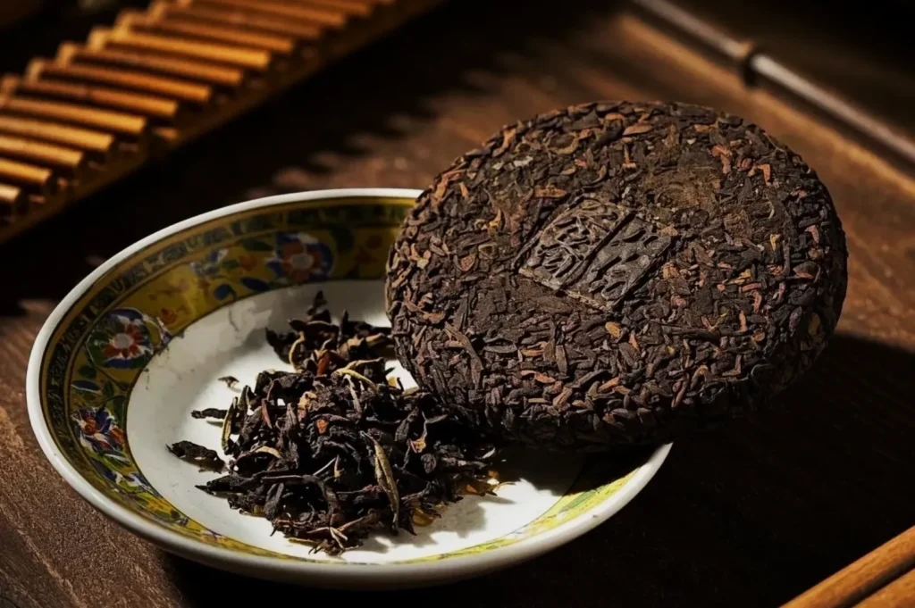A round block of dark Pu-erh tea and loose leaves rest on a decorative plate with floral patterns. The setting suggests a serene, traditional tea ceremony.