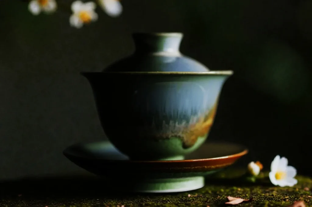 A serene, green ceramic teacup with a matching saucer is set against a dark background. Small white flowers surround the cup, adding a tranquil touch.