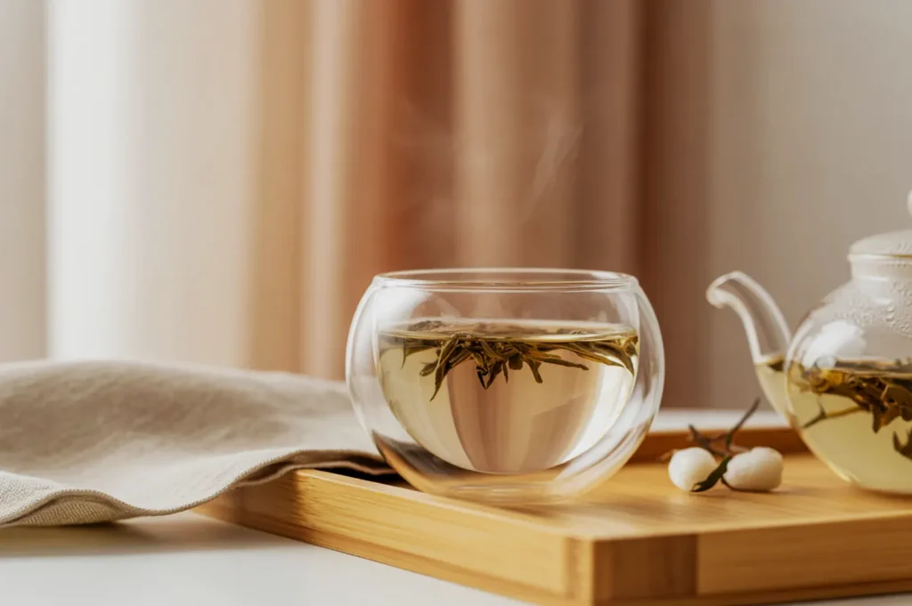 A steaming glass cup of herbal tea and a matching teapot sit on a wooden tray with a beige cloth, creating a calm and cozy atmosphere.