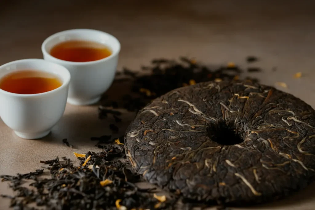 Two cups of brewed tea sit beside a round cake of pressed Pu-erh tea on a brown surface, surrounded by loose tea leaves, creating a rustic and calming atmosphere.