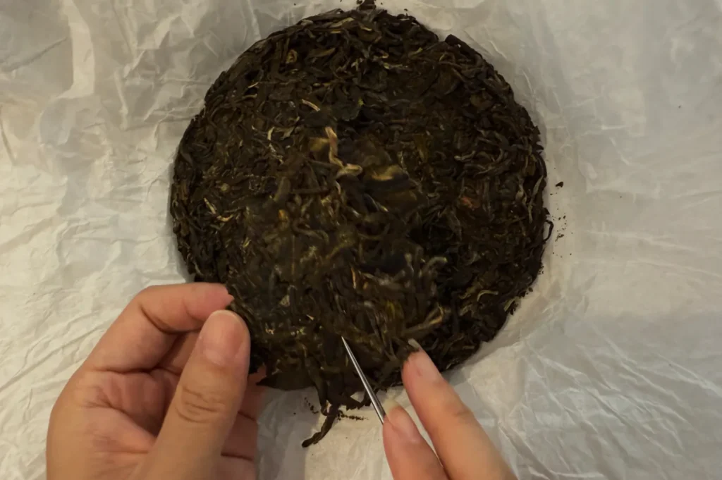 A close-up of a person's hands breaking apart a circular block of compressed tea leaves on crinkled white paper. The scene conveys careful preparation.