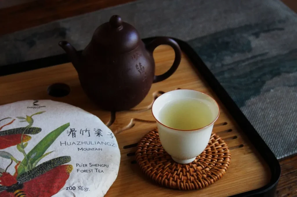 A rustic tea setup with a brown clay teapot and a steaming cup of light green tea on a woven coaster, beside wrapped Pu'er Shengpu tea. Calm ambiance.
