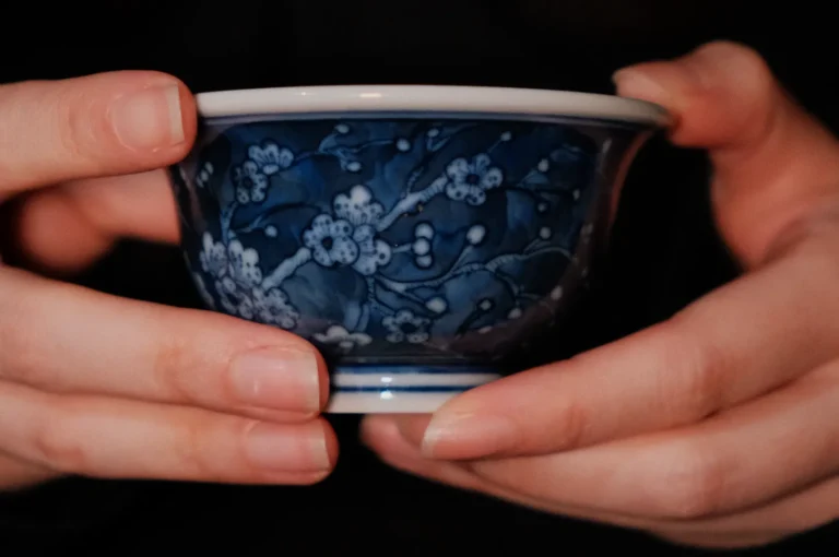 Close-up of hands gently holding a blue bowl with intricate white floral designs. The dim lighting creates a warm, calm atmosphere.