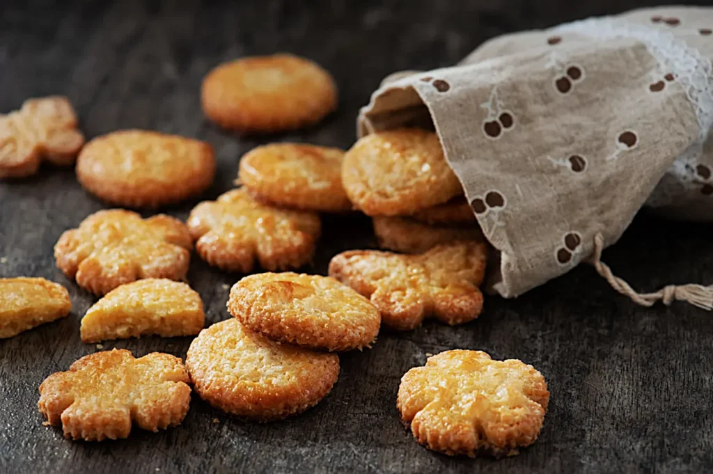 A rustic cloth bag with a lace edge spills small, golden-brown cookies onto a dark wooden surface. The cookies are round and flower-shaped, appearing buttery and crispy. The scene conveys a warm, homemade feeling, ideal for a cozy snack.