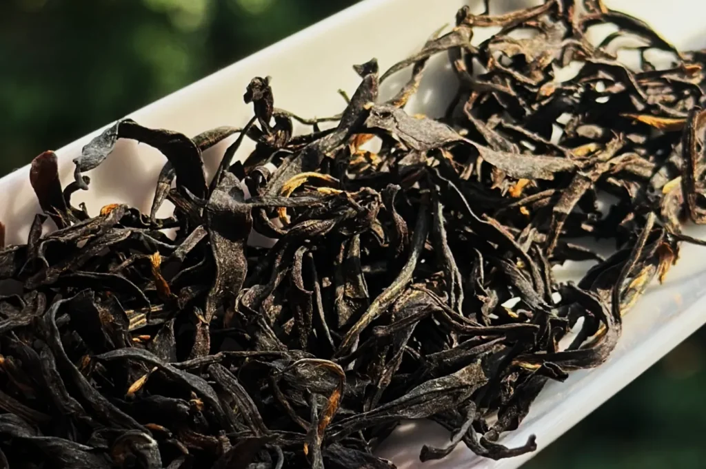 Close-up of twisted, dark brown dried tea leaves on a white tray, set against a blurred green background, conveying a natural, earthy appeal.