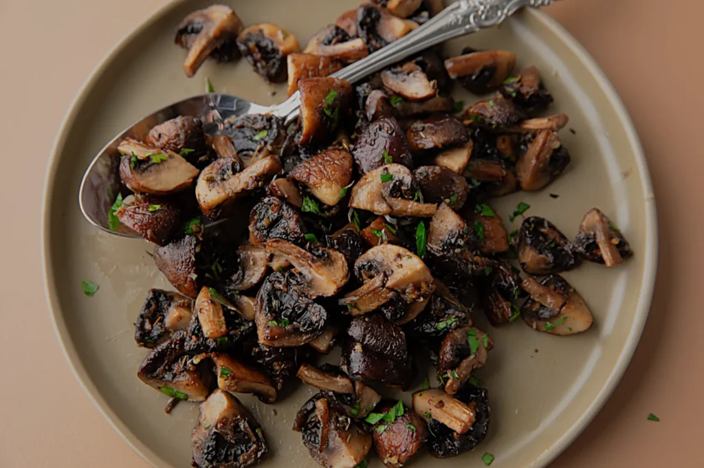 A plate of sautéed mushrooms garnished with fresh parsley. The dish is set on a beige plate with a silver spoon, conveying a warm and appetizing tone.