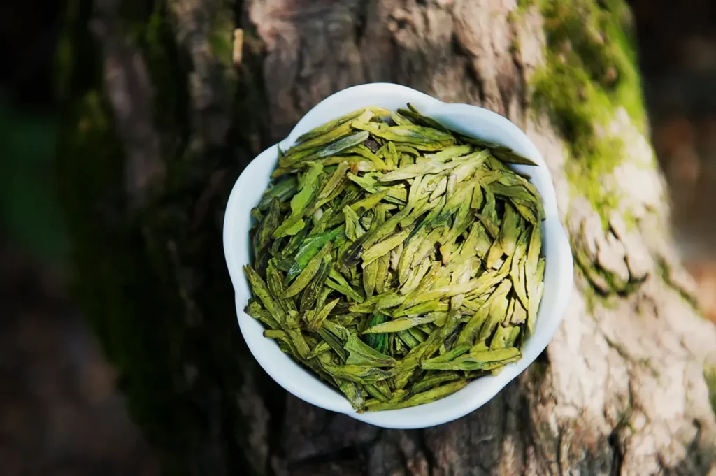 A white bowl filled with long, flat green tea leaves sits on a tree trunk, surrounded by moss. The setting conveys a natural and refreshing atmosphere.