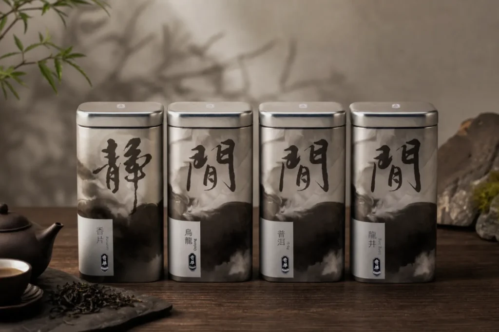 A set of four elegantly designed tea tins with black calligraphy on a blurred, artistic background. They sit on a wooden surface near a teapot, conveying a serene and traditional atmosphere.
